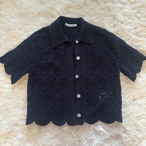 Abercrombie & Fitch Black Lace Crochet Patterned Collared Button-Up Top